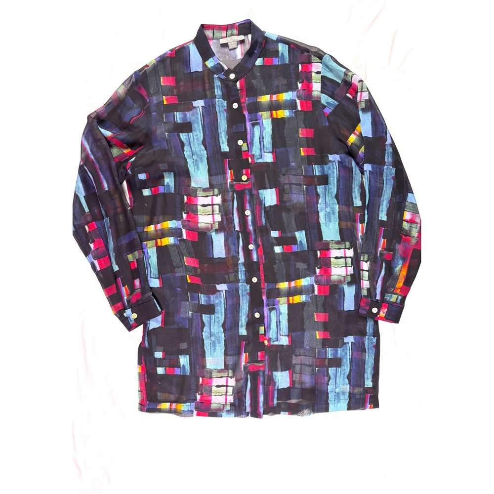Go Silk Tunic Shirt Womens S Abstract Print Sheer Long Sleeve Art Layering Bold - Picture 7 of 8